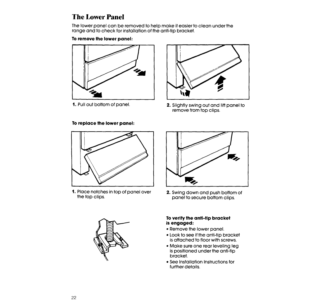 Whirlpool RF3600XX manual Lower Panel, To remove the lower panel, To replace the lower panel 