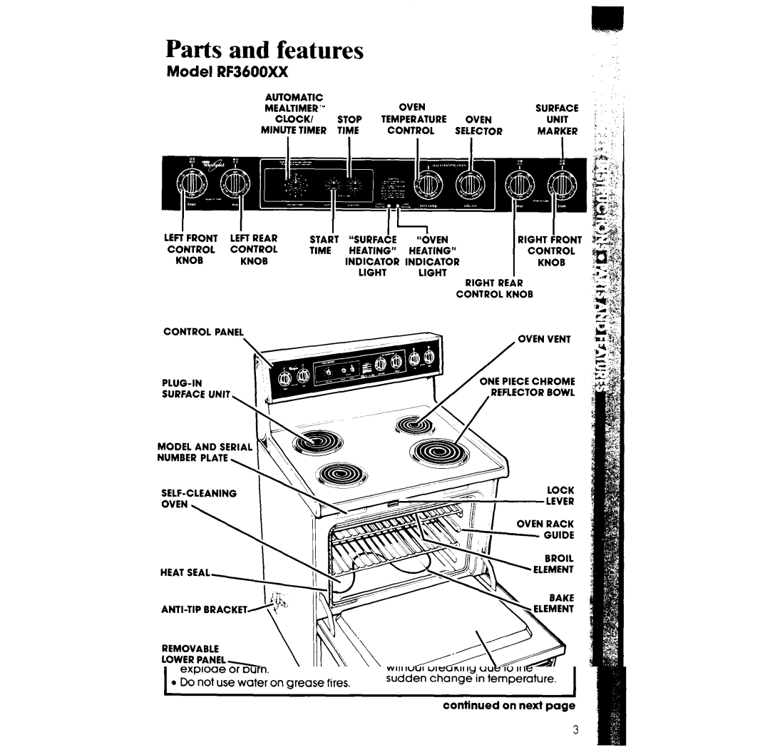 Whirlpool manual Parts and features, Model RF3600XX 