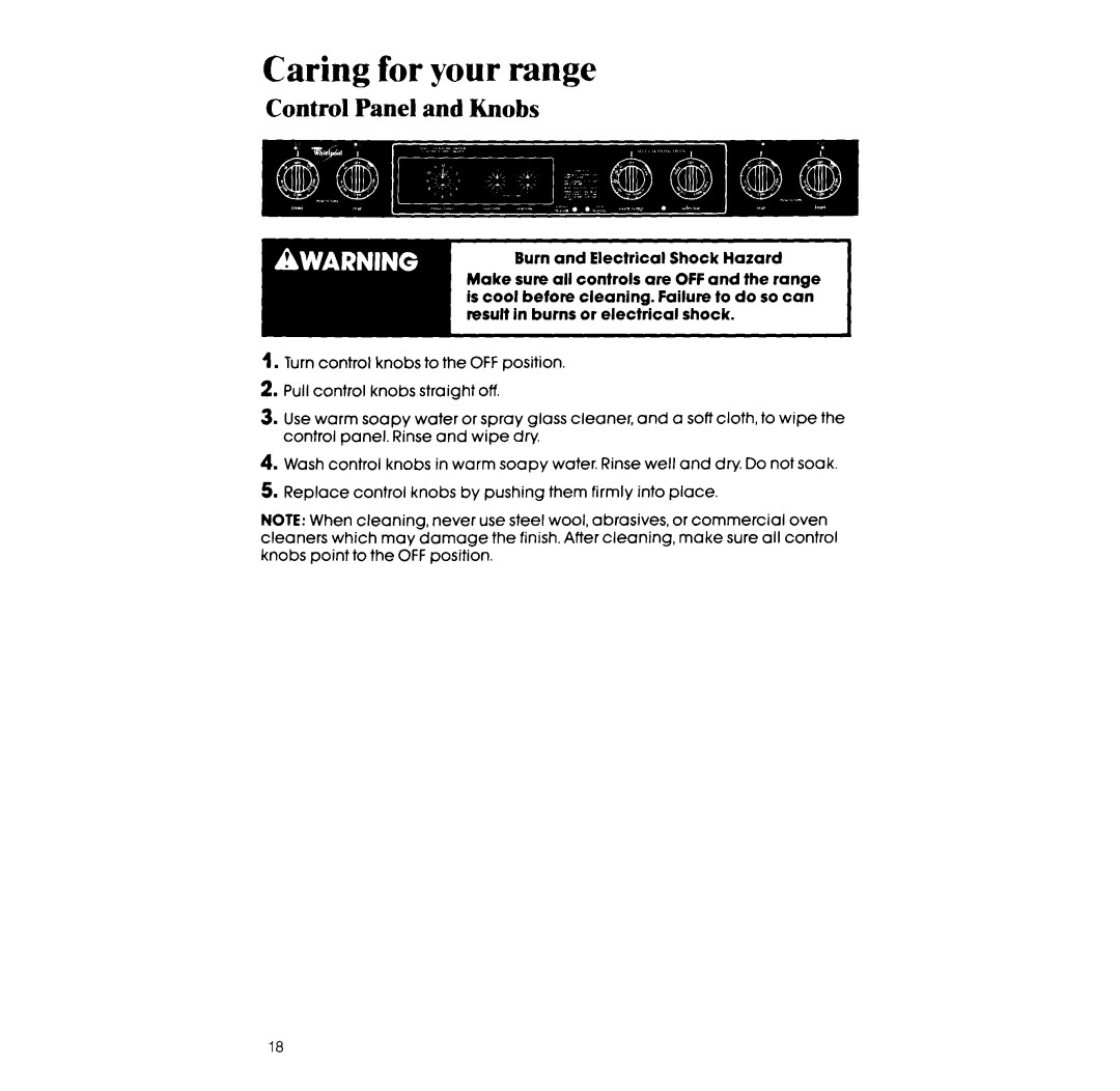 Whirlpool RF3600XX manual Caring for your range, Control Panel and Knobs 