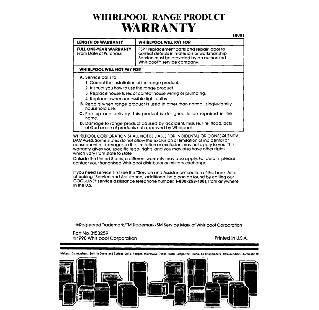 Whirlpool RF3600XX manual Whirlpool’ Range Product, Warranty 