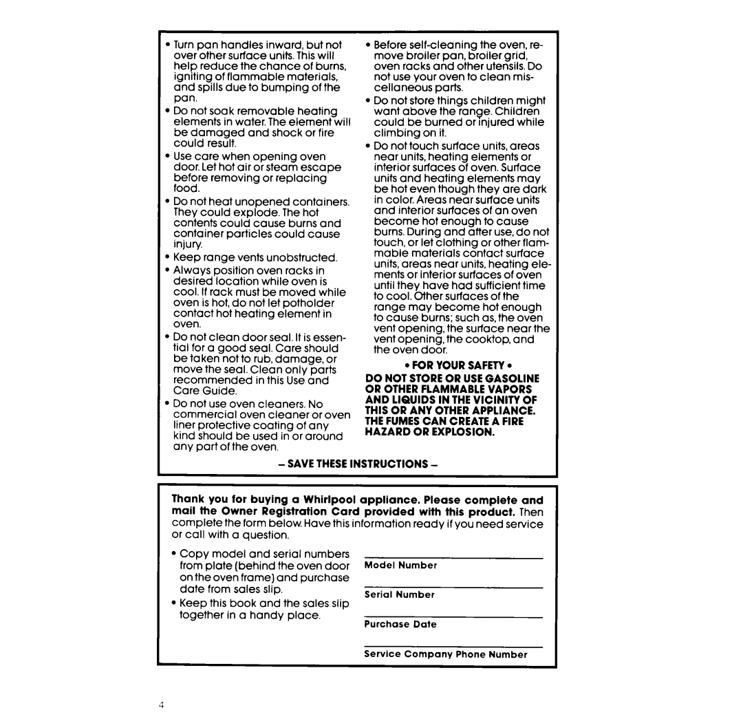 Whirlpool RF3600XX manual FOR YOUR SAFETYl, Savetheseinstructions 