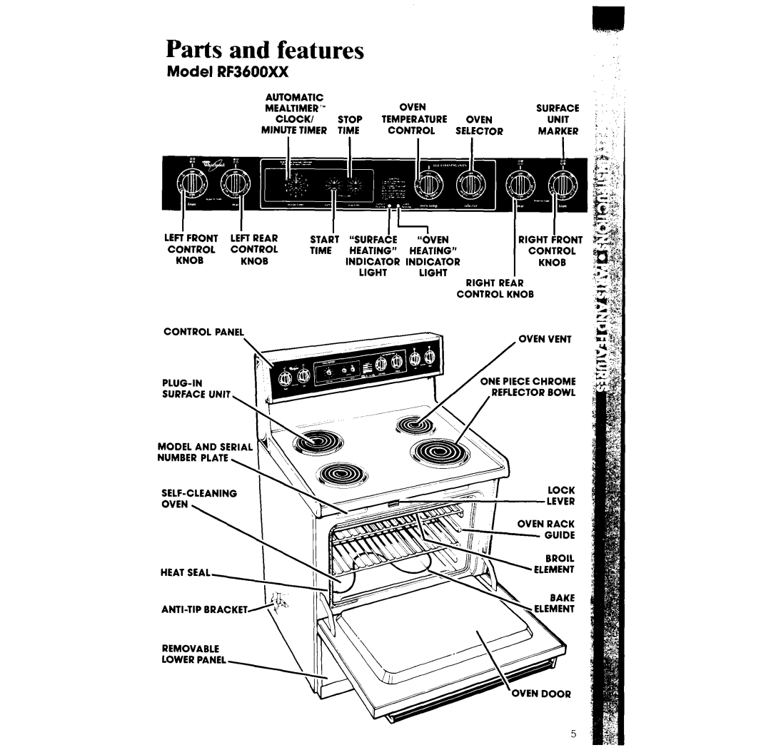 Whirlpool manual Parts and features, Model RF3600XX 