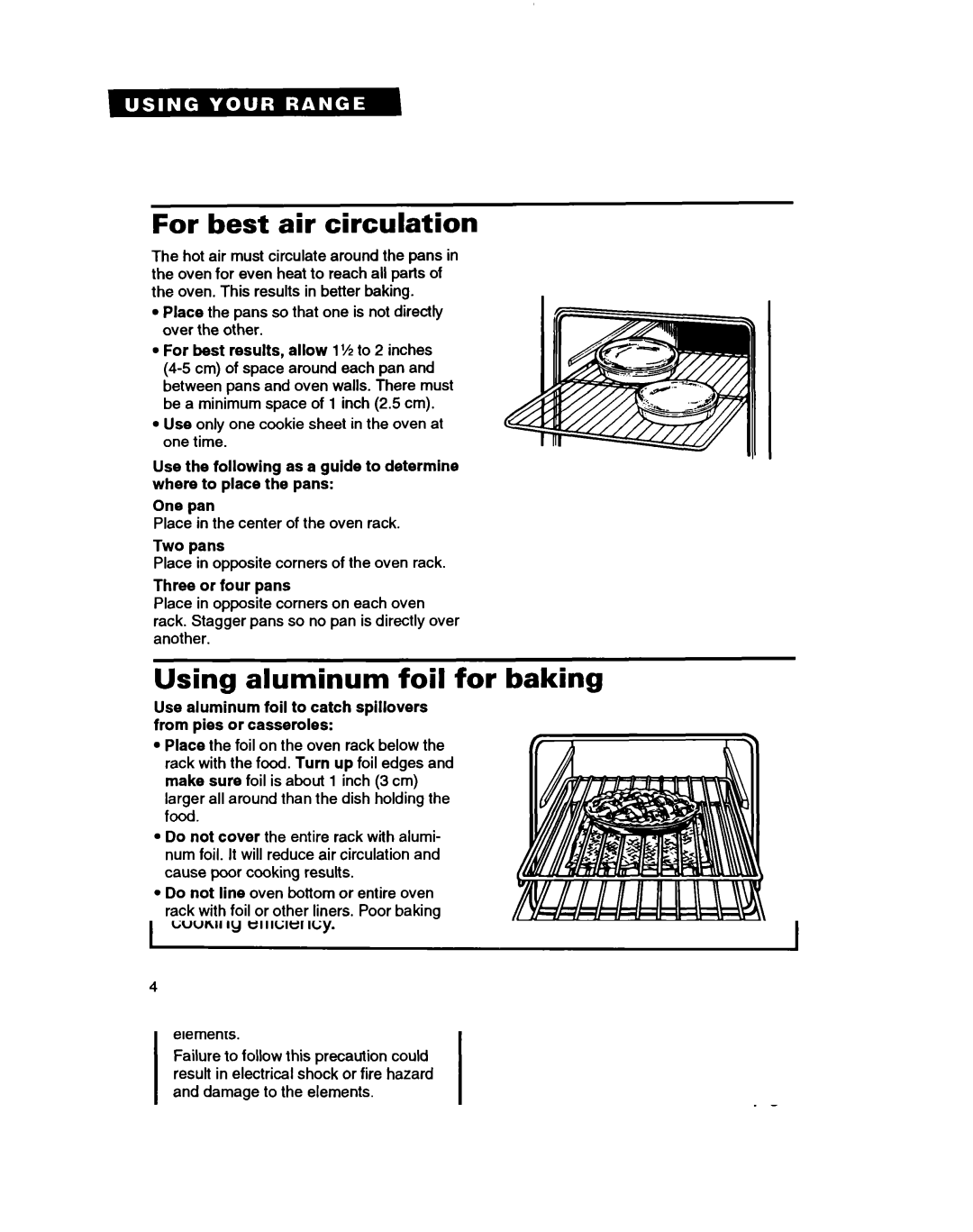 Whirlpool RF3600XY, RF350BXB warranty For best air circulation, Using aluminum foil for baking, Two pans, Three or four pans 