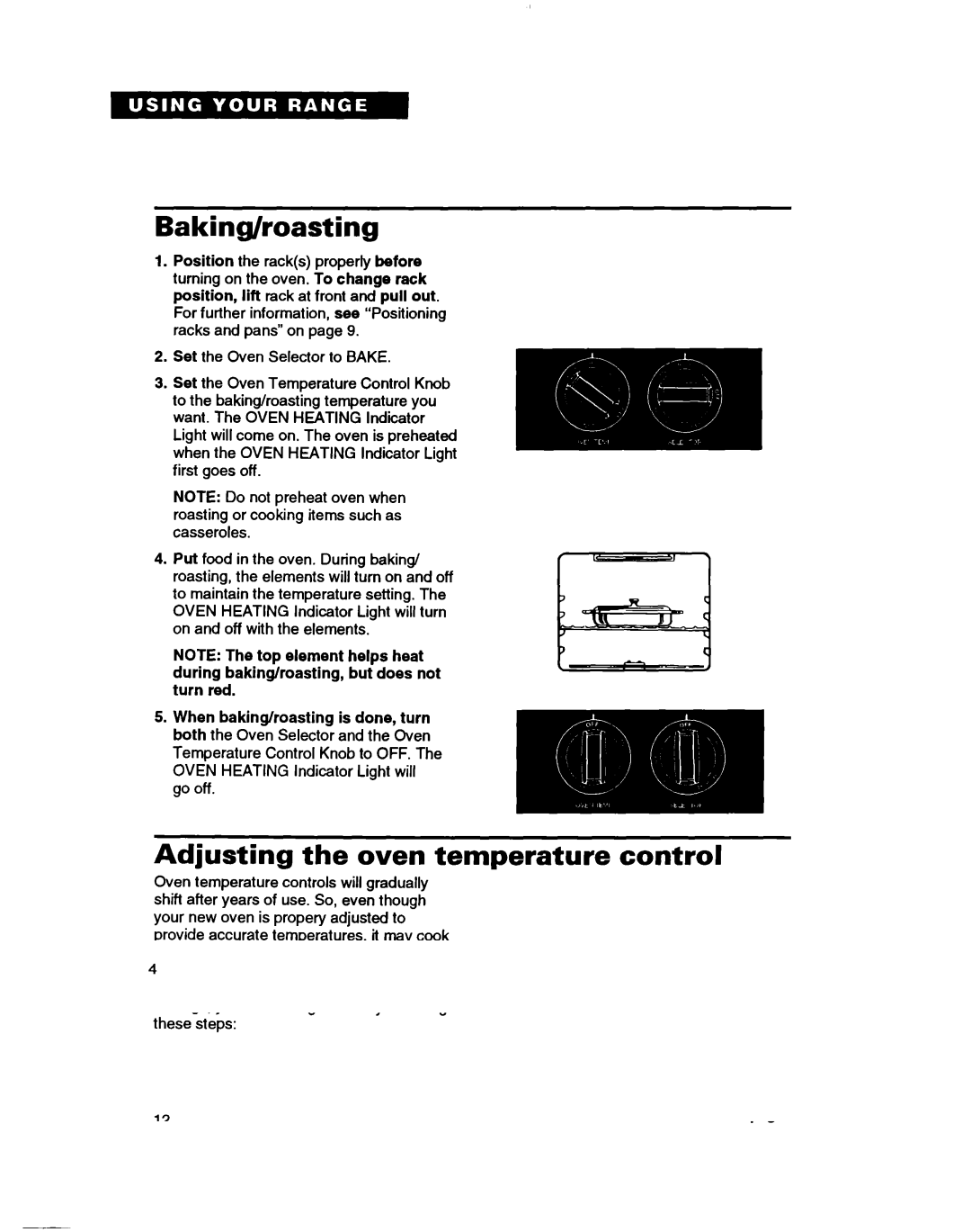 Whirlpool RF3600XY, RF350BXB warranty Baking/roasting, Adjusting the oven temperature control 