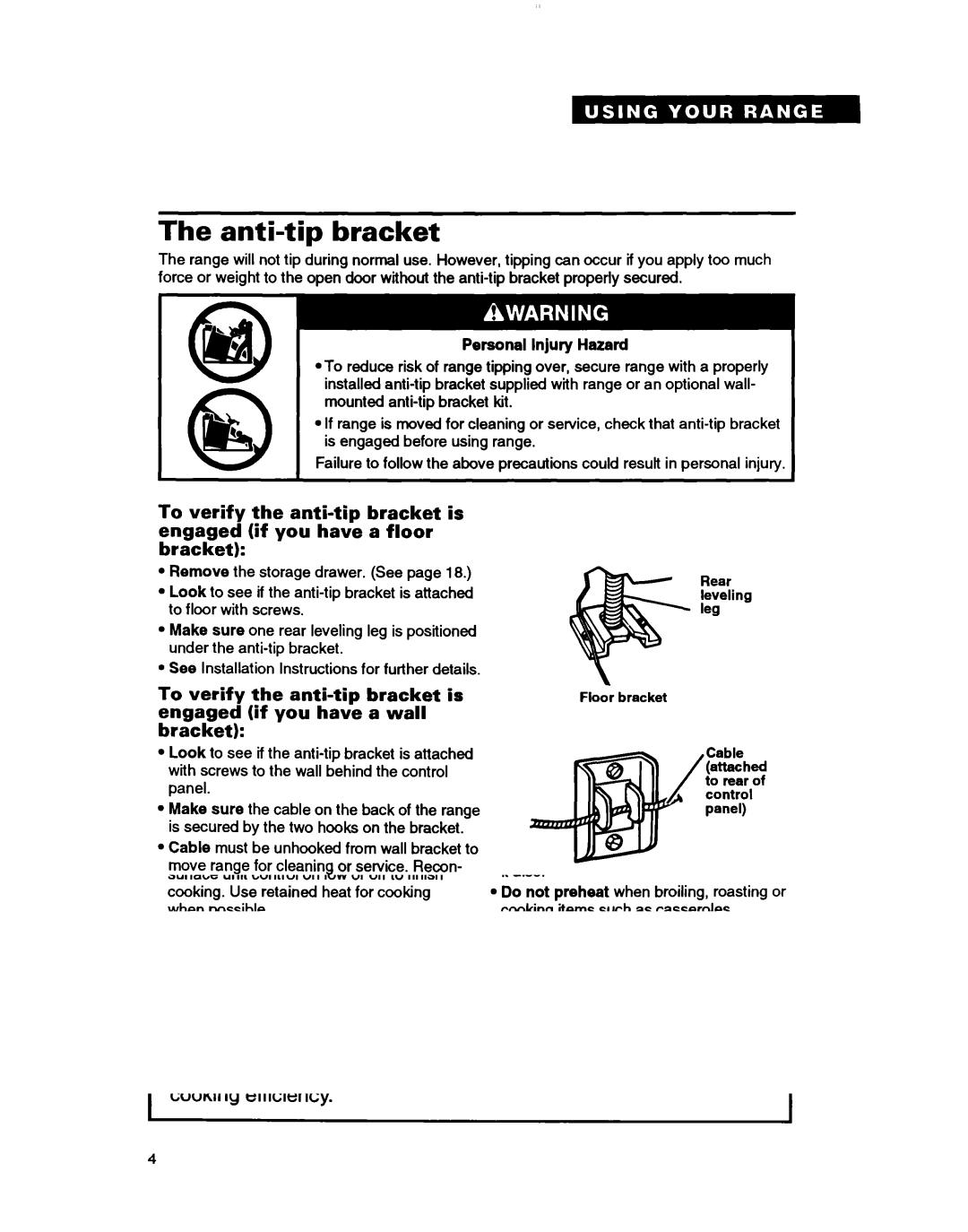 Whirlpool RF350BXB, RF3600XY warranty Anti-tip bracket, Personal Injury Hazard, Cable, Wall bracket 