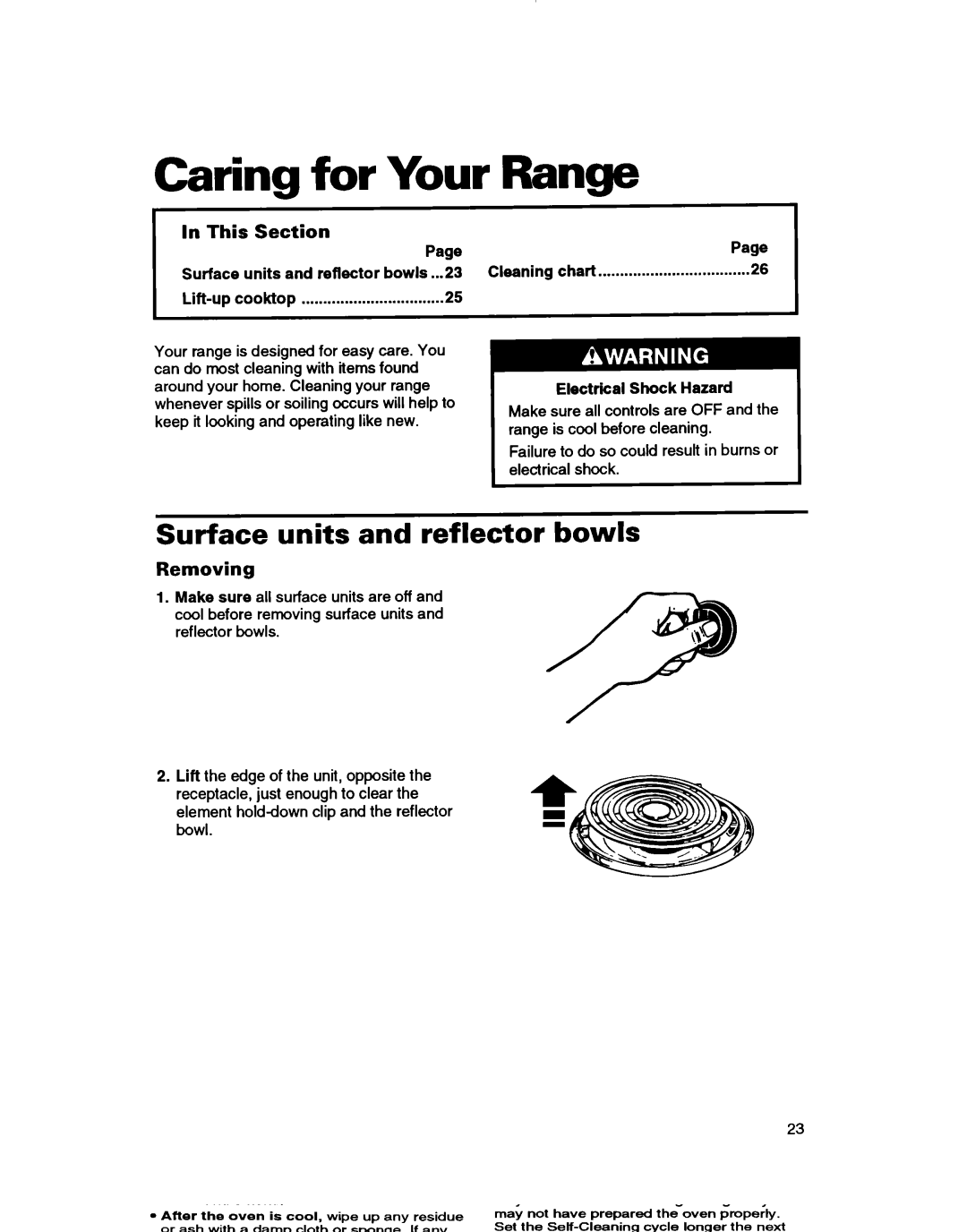 Whirlpool RF350BXB, RF3600XY warranty Caring for Your Range, Surface units and reflector bowls, Removing, Lift-up cooktop 