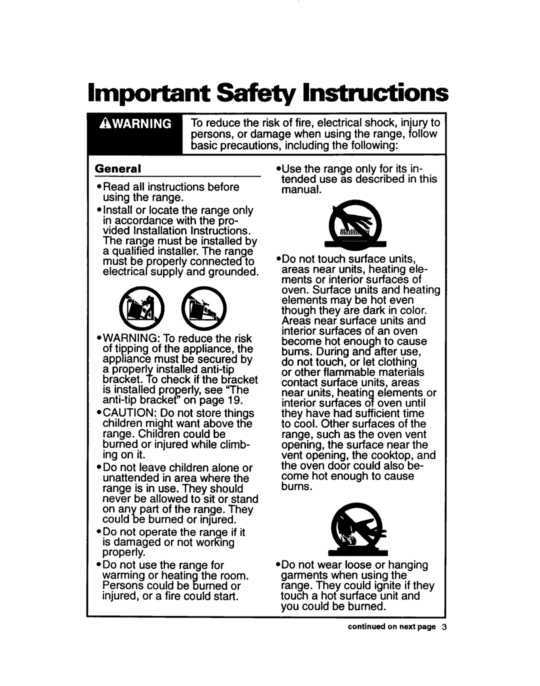 Whirlpool RF350BXB, RF3600XY warranty Important safety Instructions, General 