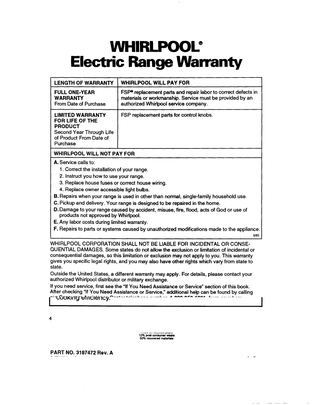 Whirlpool RF350BXB Electric Range Warranty, Length of Warranty Whirlpool will PAY for Full ONE-YEAR, For Life Product 