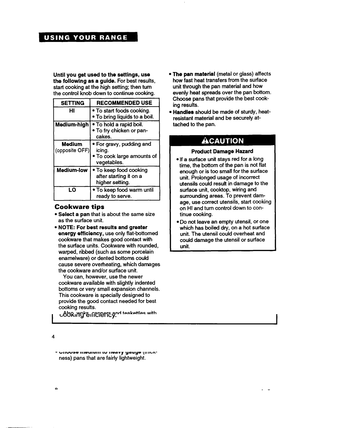 Whirlpool RF3600XY, RF350BXB warranty Cookware tips, SElTlNG 1 Recommendeduse j, Product Damage Hazard 