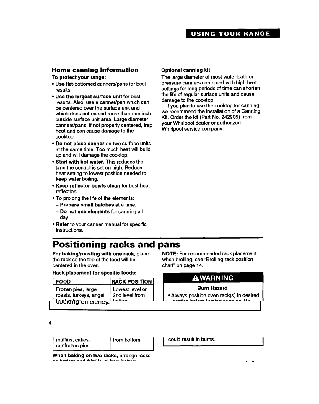 Whirlpool RF350BXB, RF3600XY warranty Positioning racks, Pans, Home canning information, Food 