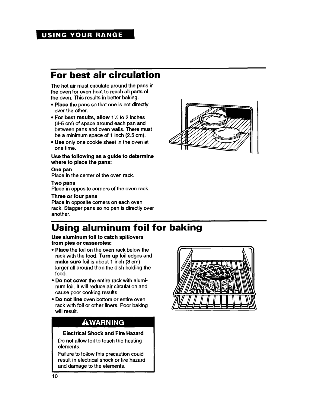 Whirlpool RF3600XY For best air circulation, Using aluminum foil for baking, Use the following as a guide to determine 