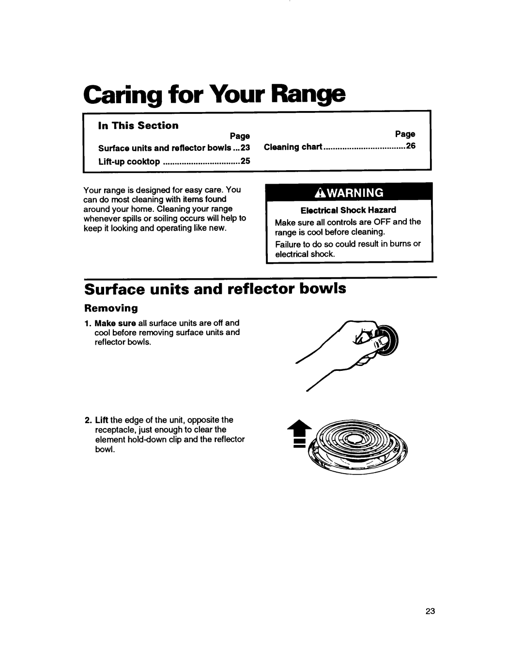 Whirlpool RF350BXB Caring for Your Range, Surface units and reflector bowls, In This Section, Removing, Lift-upcooktop 