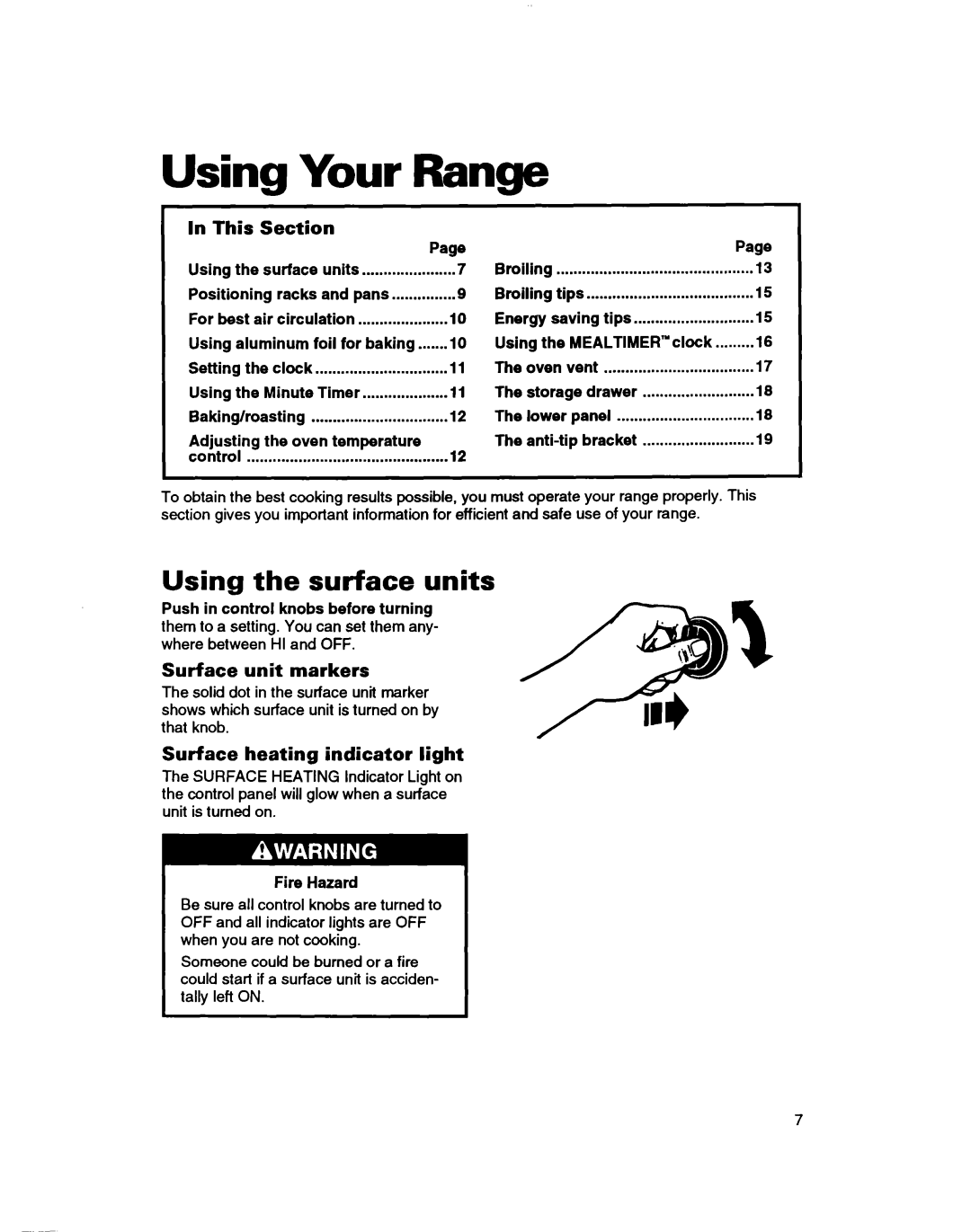 Whirlpool RF350BXB, RF3600XY warranty Using Your Range, Using the surface units, In This, Section, Surface unit markers 