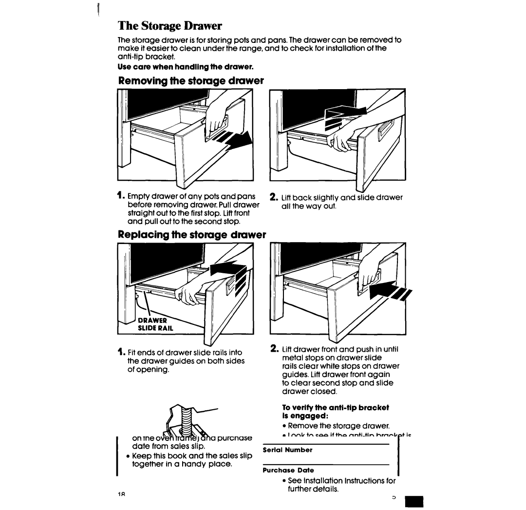 Whirlpool RF360BX manual Storage Drawer, Removing lhe stomge drawer, Replacing the stomge drawer 