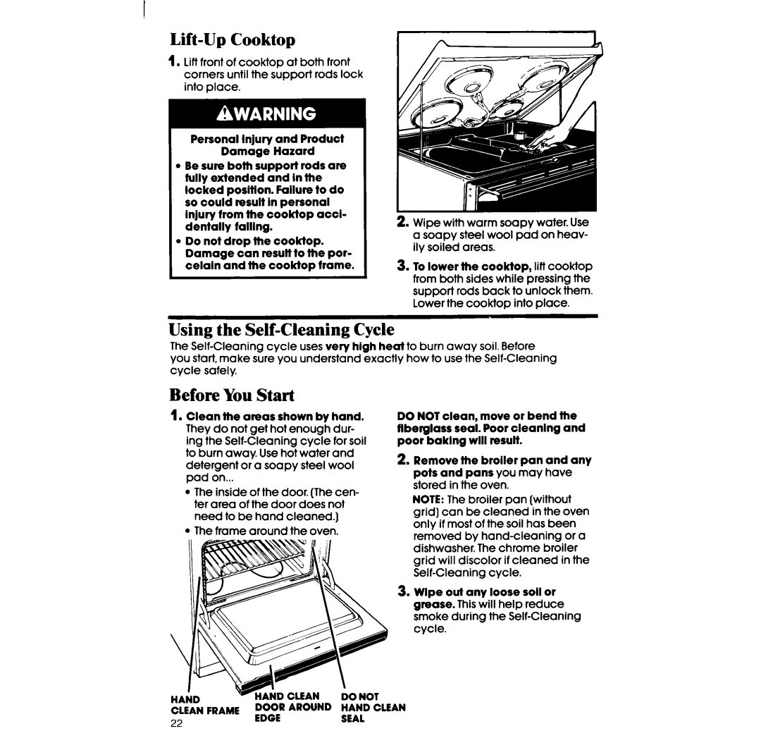 Whirlpool RF360BX manual Lift-Up Cooktop, Using the Self-Cleaning Cycle, Before You Start 