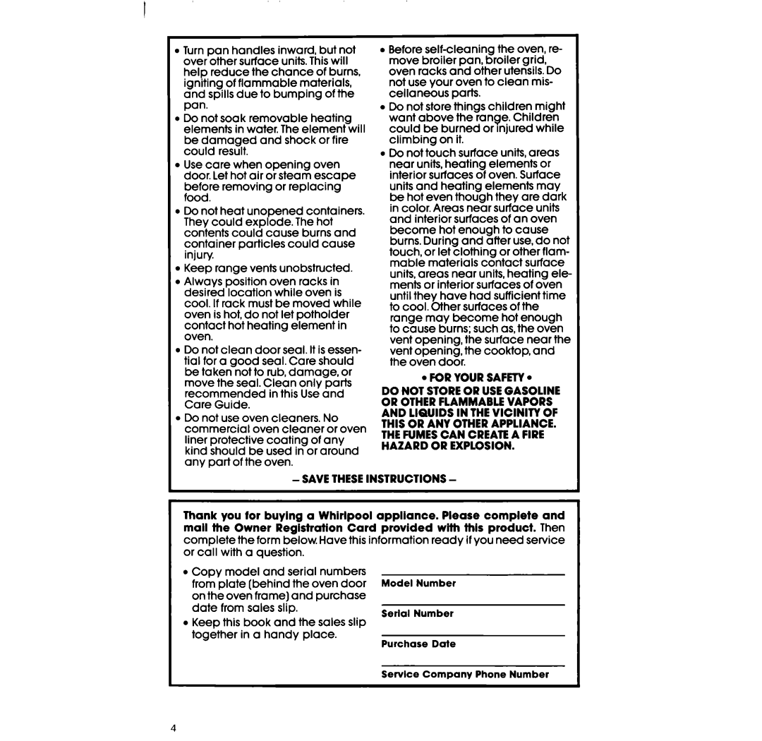 Whirlpool RF360BX manual For Your Safety 