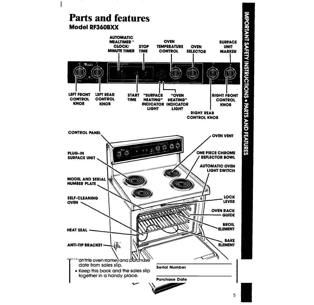 Whirlpool manual Parts and features, Model RF360BXX 