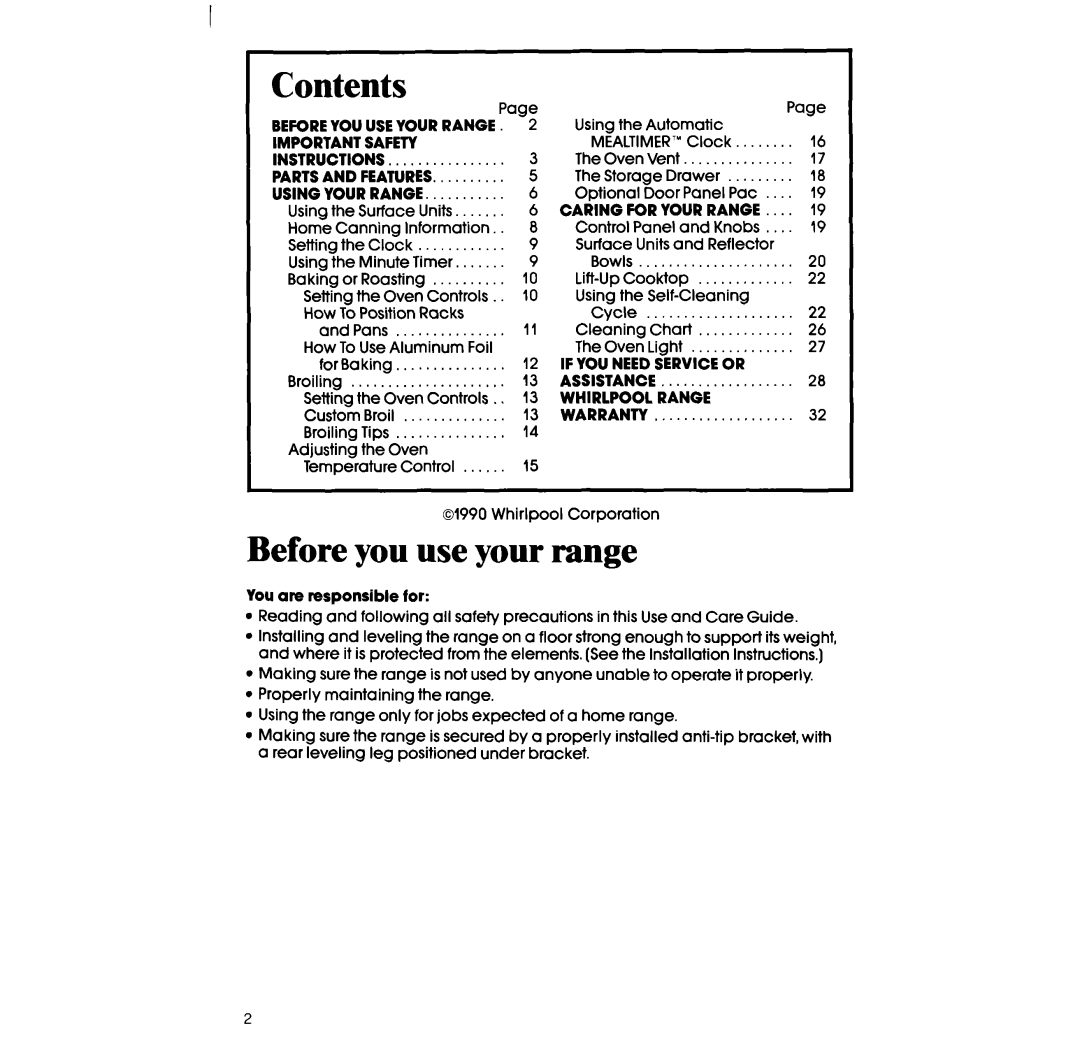 Whirlpool RF360BX manual Contents, Before you use your range 