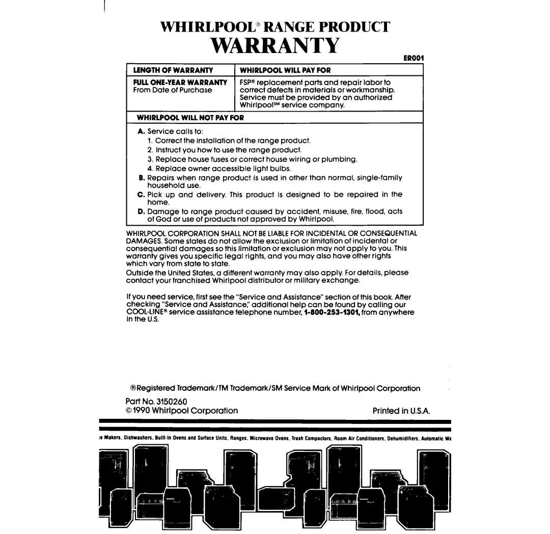 Whirlpool RF360BX manual Whirlpool” Range Product, WmANTY 