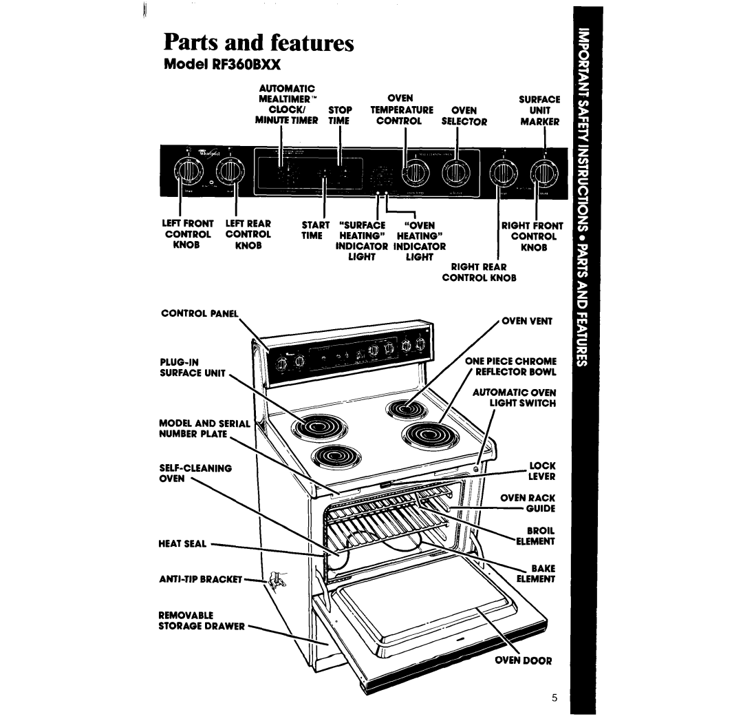 Whirlpool manual Parts and features, Model RF360BXX 