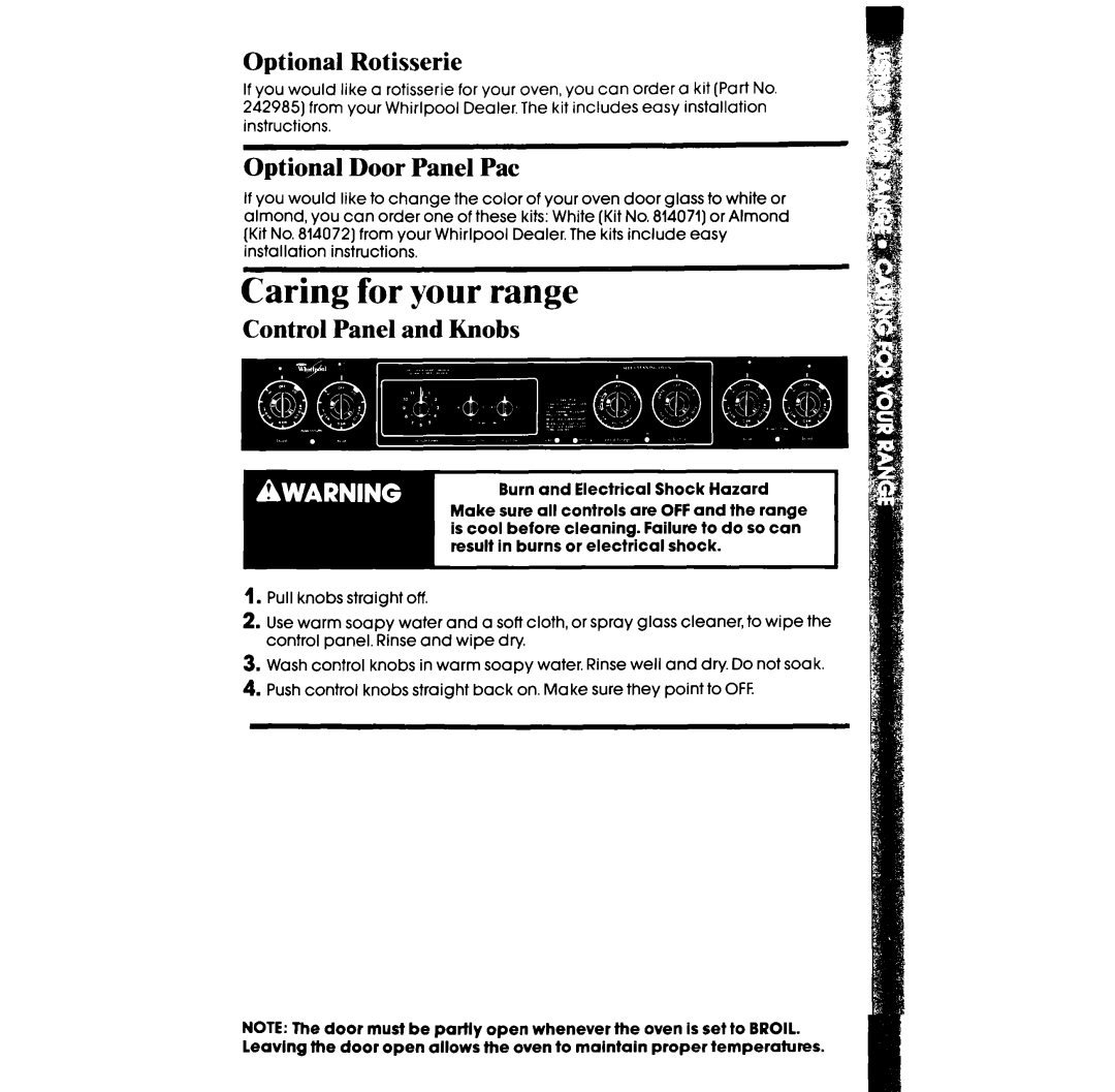 Whirlpool RF360BXW manual Optional Rotisserie, Optional Door Panel Pat, Control Panel and Knobs 