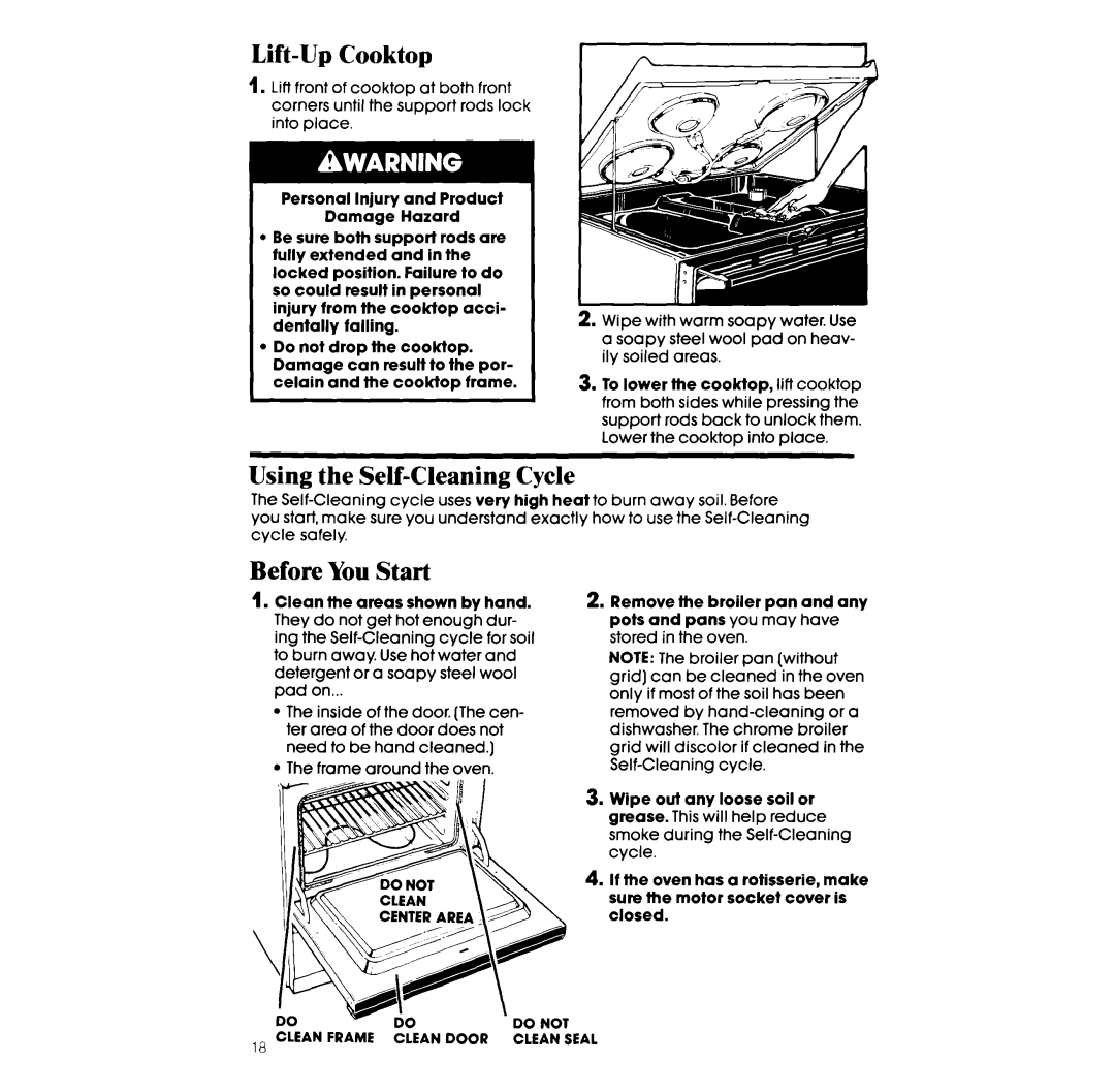 Whirlpool RF360BXW manual Lift-Up Cooktop, Using the Self-Cleaning Cycle, Before You Start 