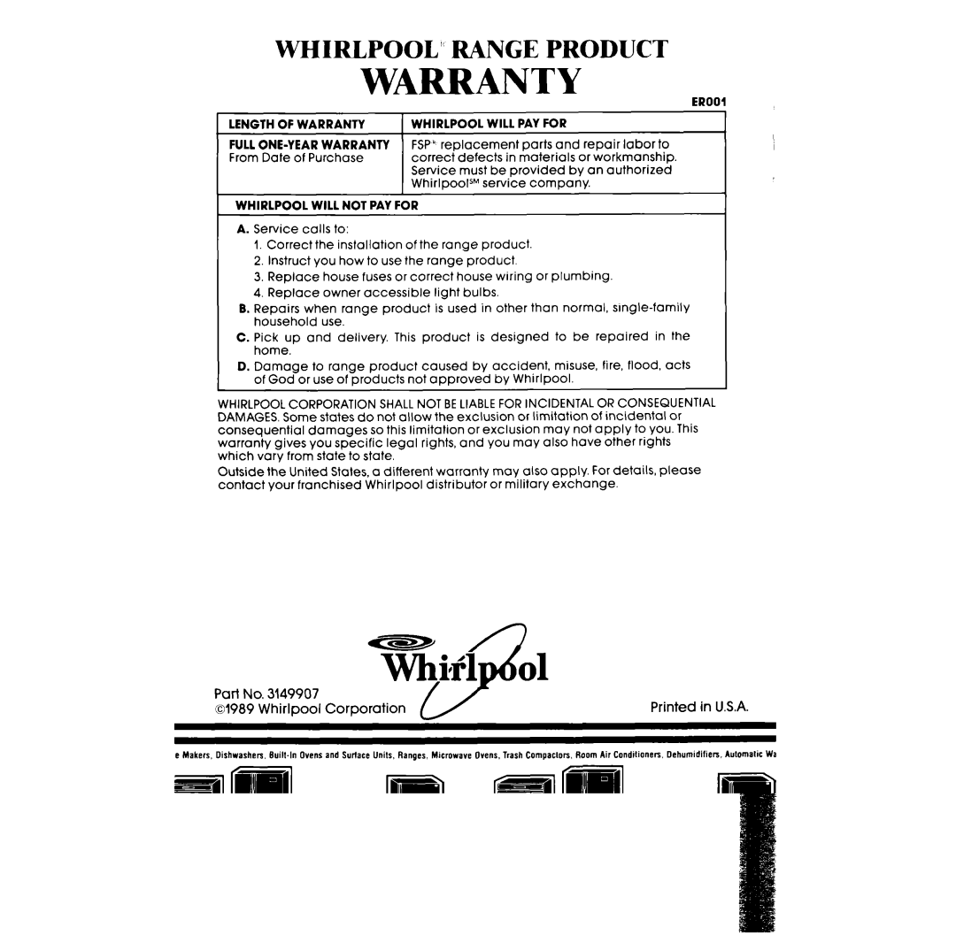 Whirlpool RF360BXW manual Warranty, WhirlDOOl CorDoration 