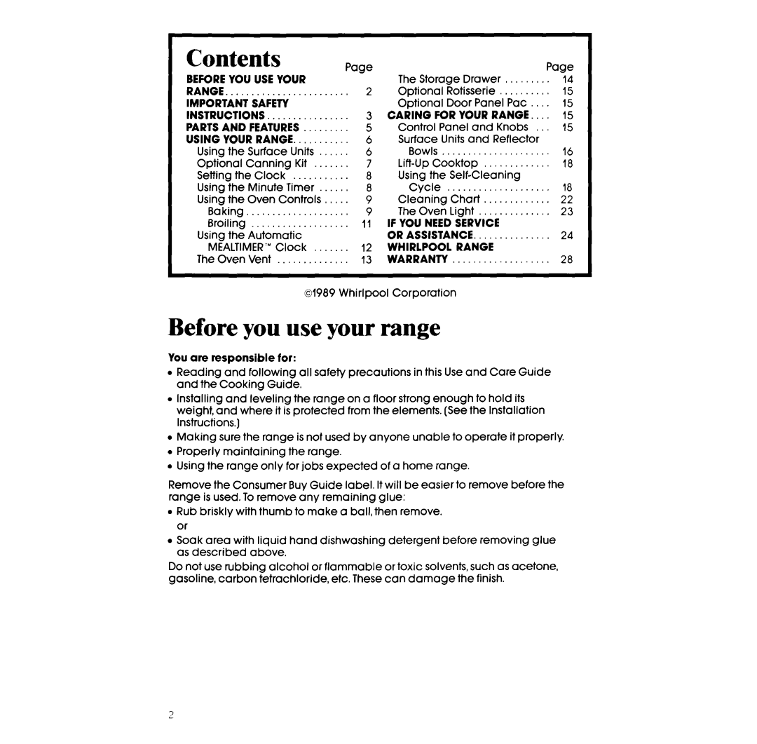 Whirlpool RF360BXW manual Contents, Before you use your range 