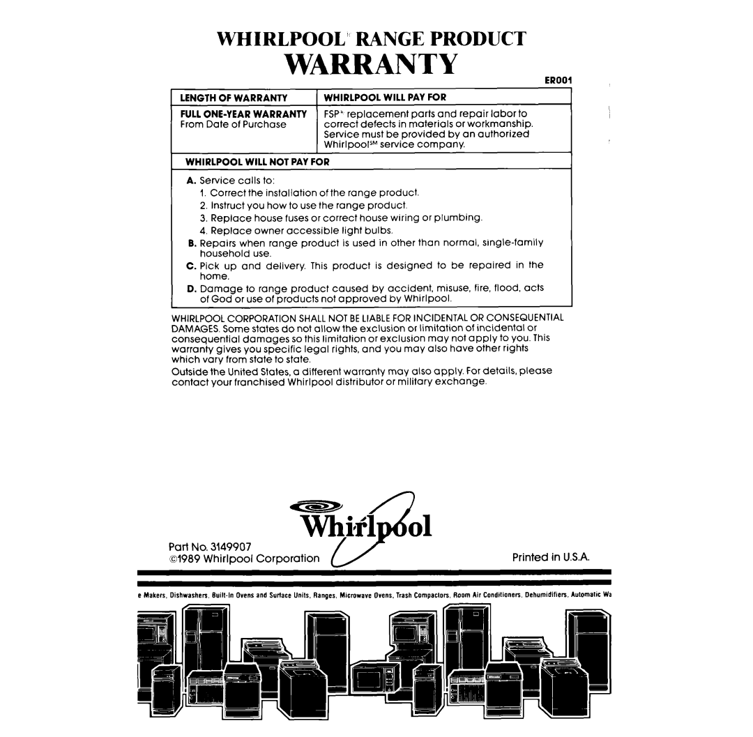 Whirlpool RF360BXW manual Whirlpool” Range Product, Warranty 