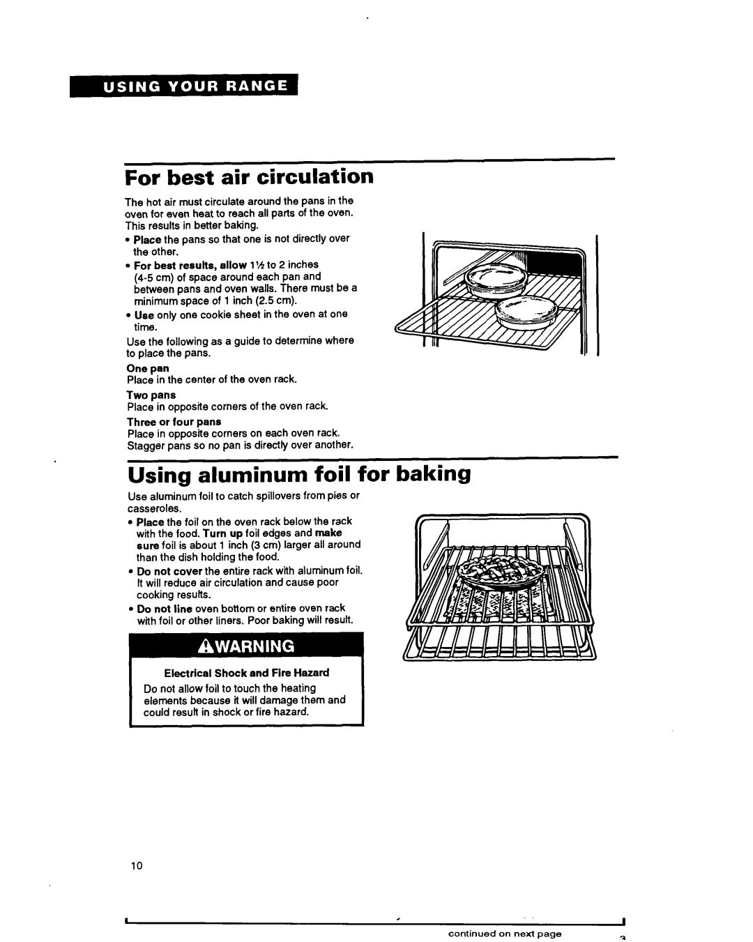 Whirlpool RF360BXY warranty For best air circulation, Using aluminum foil for baking 