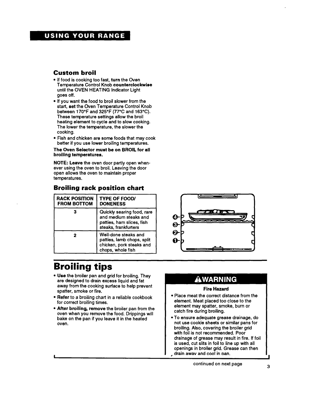 Whirlpool RF360BXY warranty Broiling tips, Custom broil, Broiling rack, Position Chart 