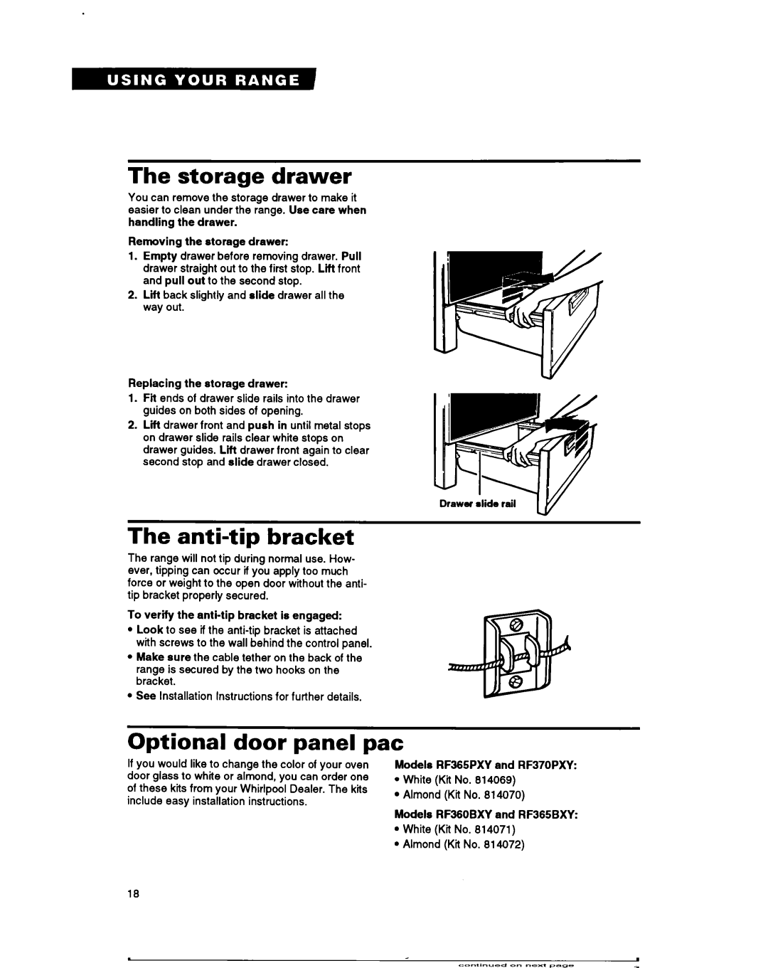 Whirlpool RF360BXY warranty Storage drawer, Anti-tip bracket, Optional door panel pat 