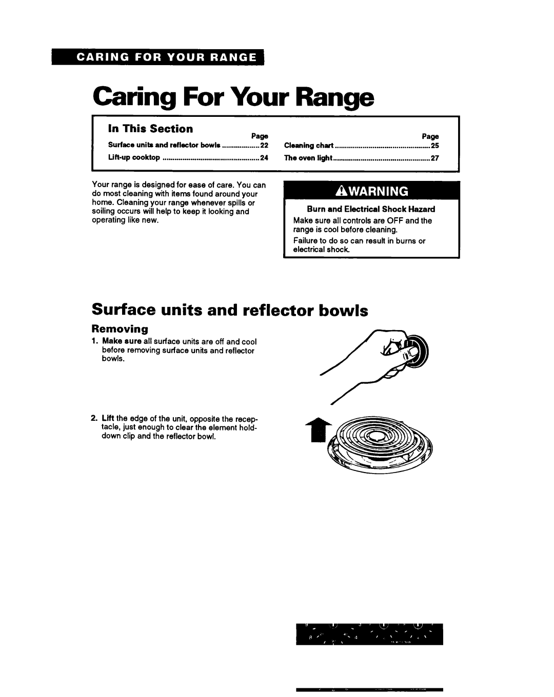 Whirlpool RF360BXY warranty Caring For Your Range, Surface units and reflector bowls, Removing 