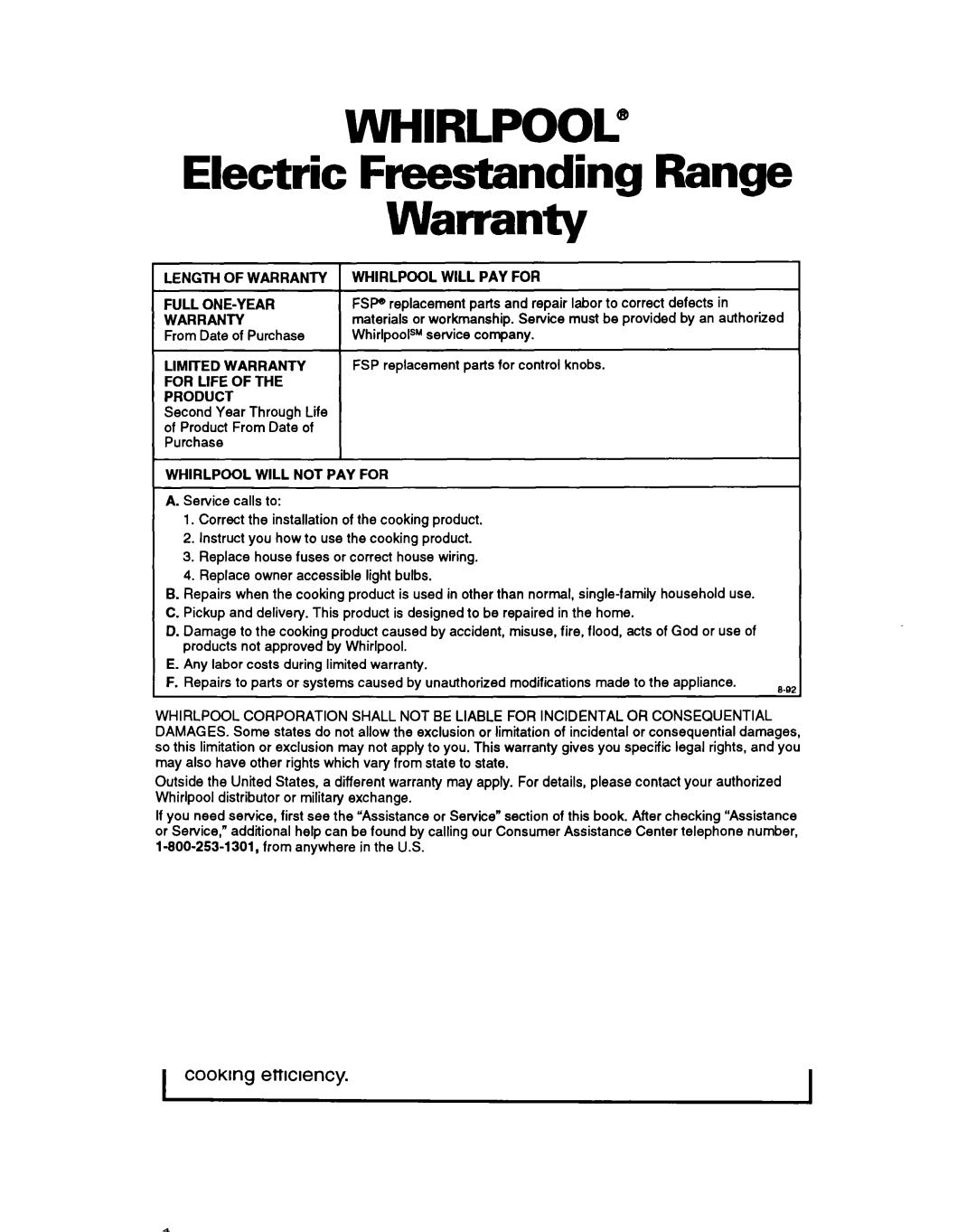 Whirlpool RF360BXY warranty Electric Freestanding Range Warranty, Length of Warranty, Limited Warranty For Life Product 