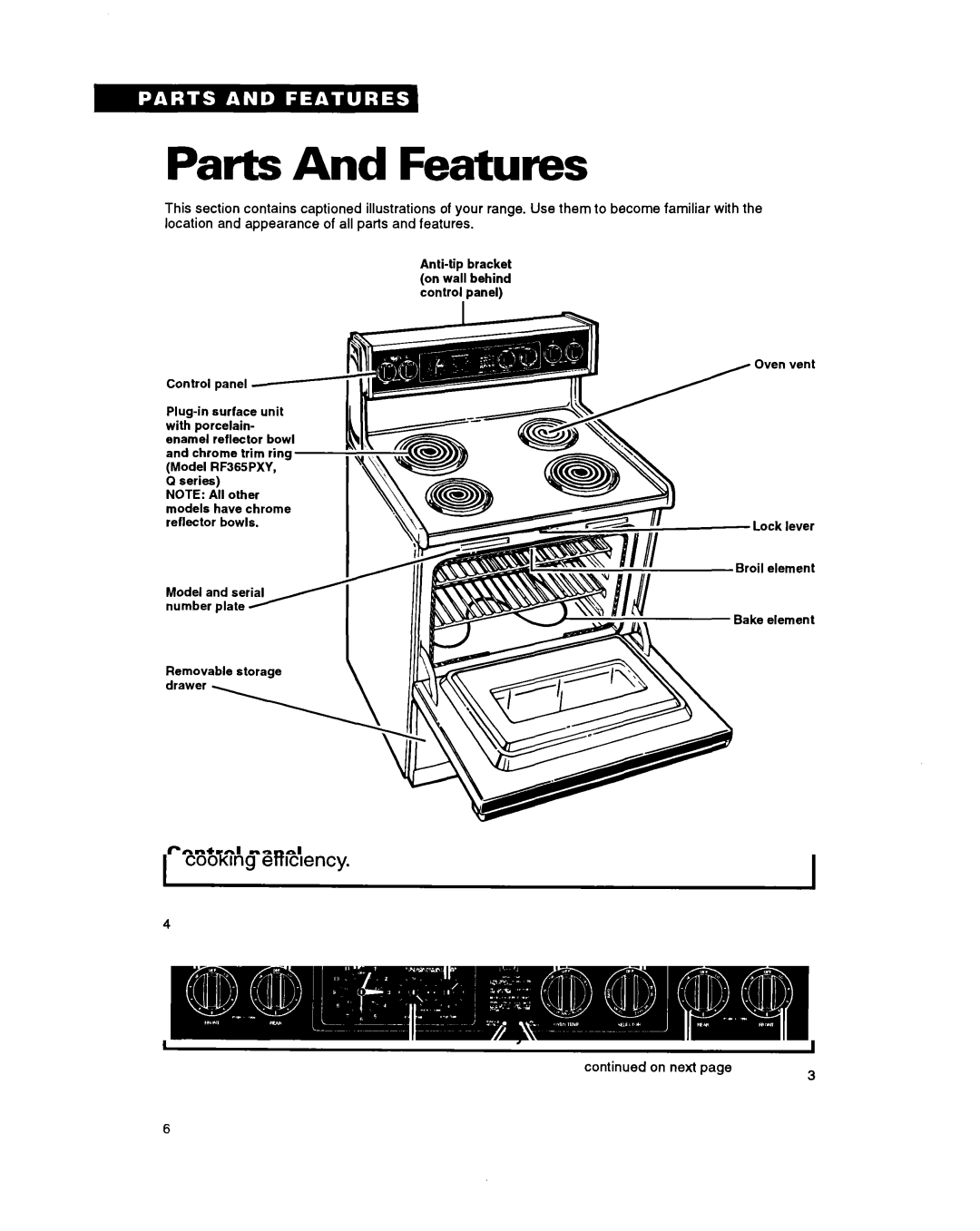 Whirlpool RF360BXY warranty Parts And Features, Control Panel 