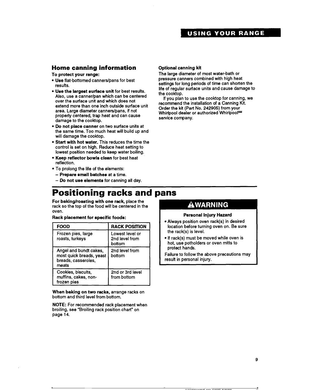 Whirlpool RF360BXY warranty Positioning racks and pans, Home canning information, Rack Position 