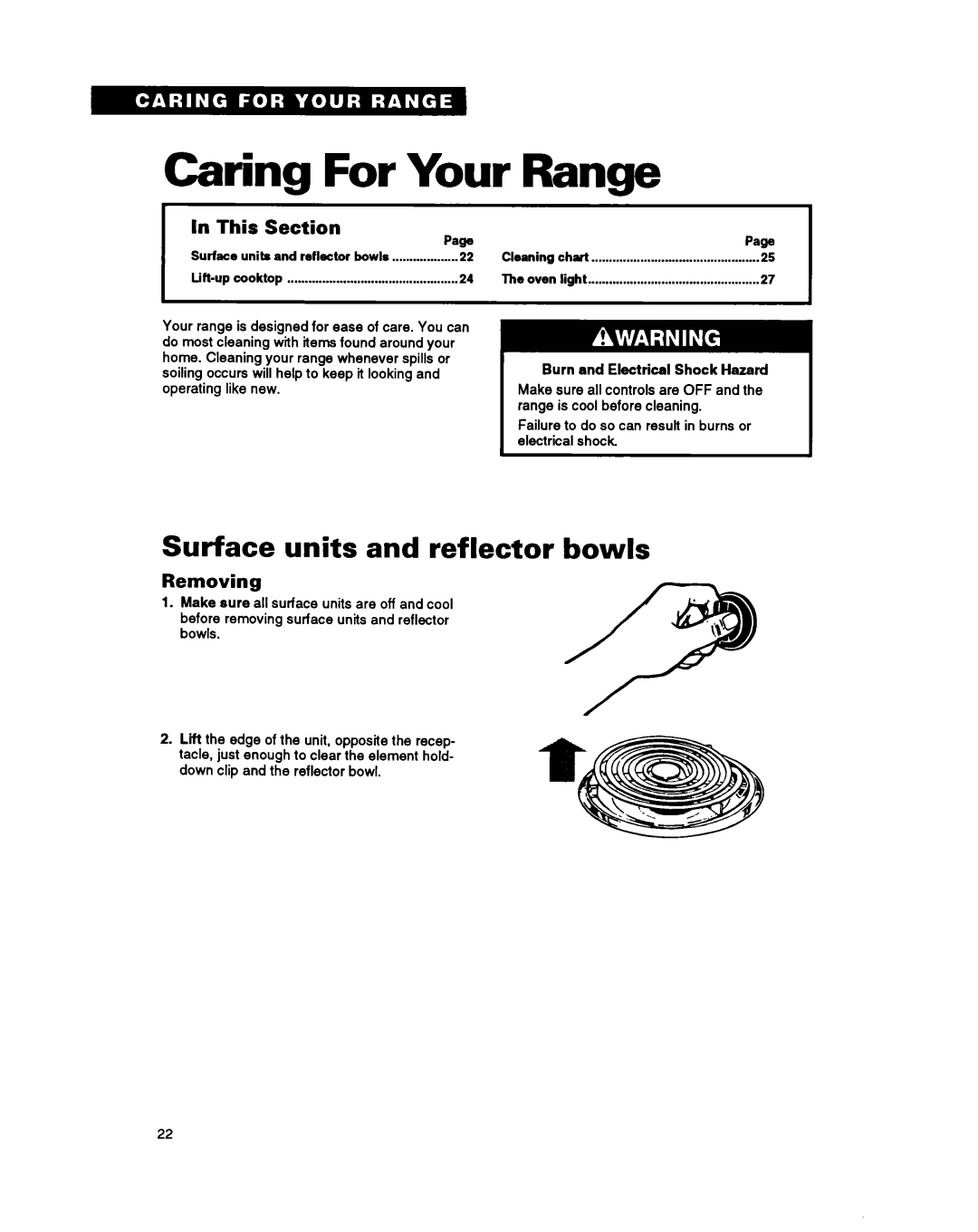 Whirlpool RF360BXY warranty Caring For Your Range, Surface units and reflector bowls, In This Section Page, Removing 