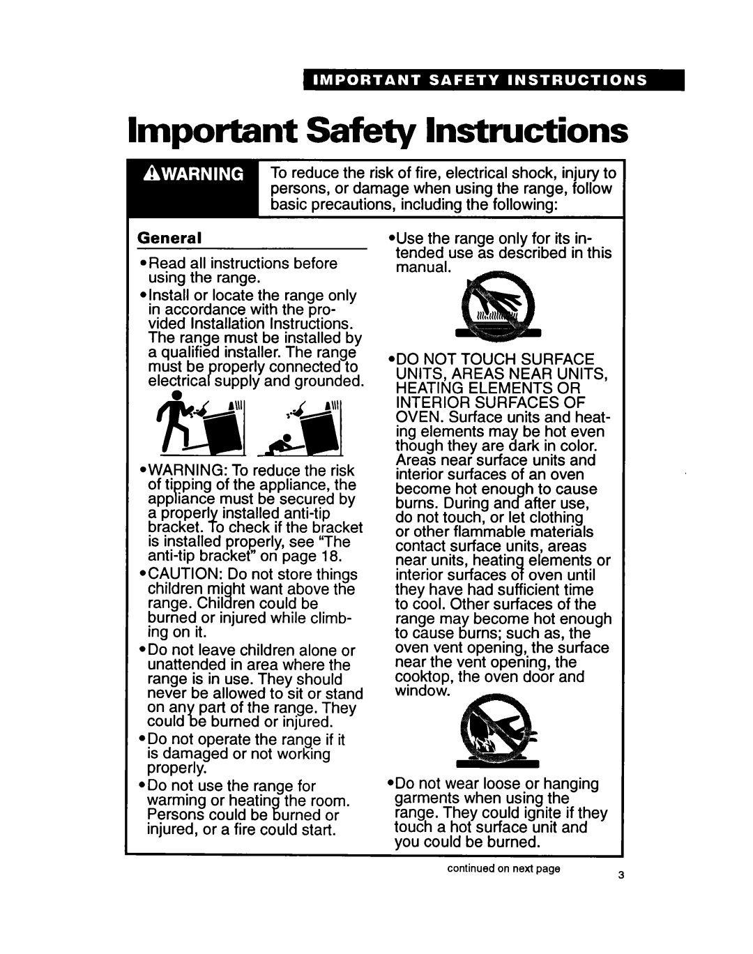 Whirlpool RF360BXY warranty Important Safety Instructions 