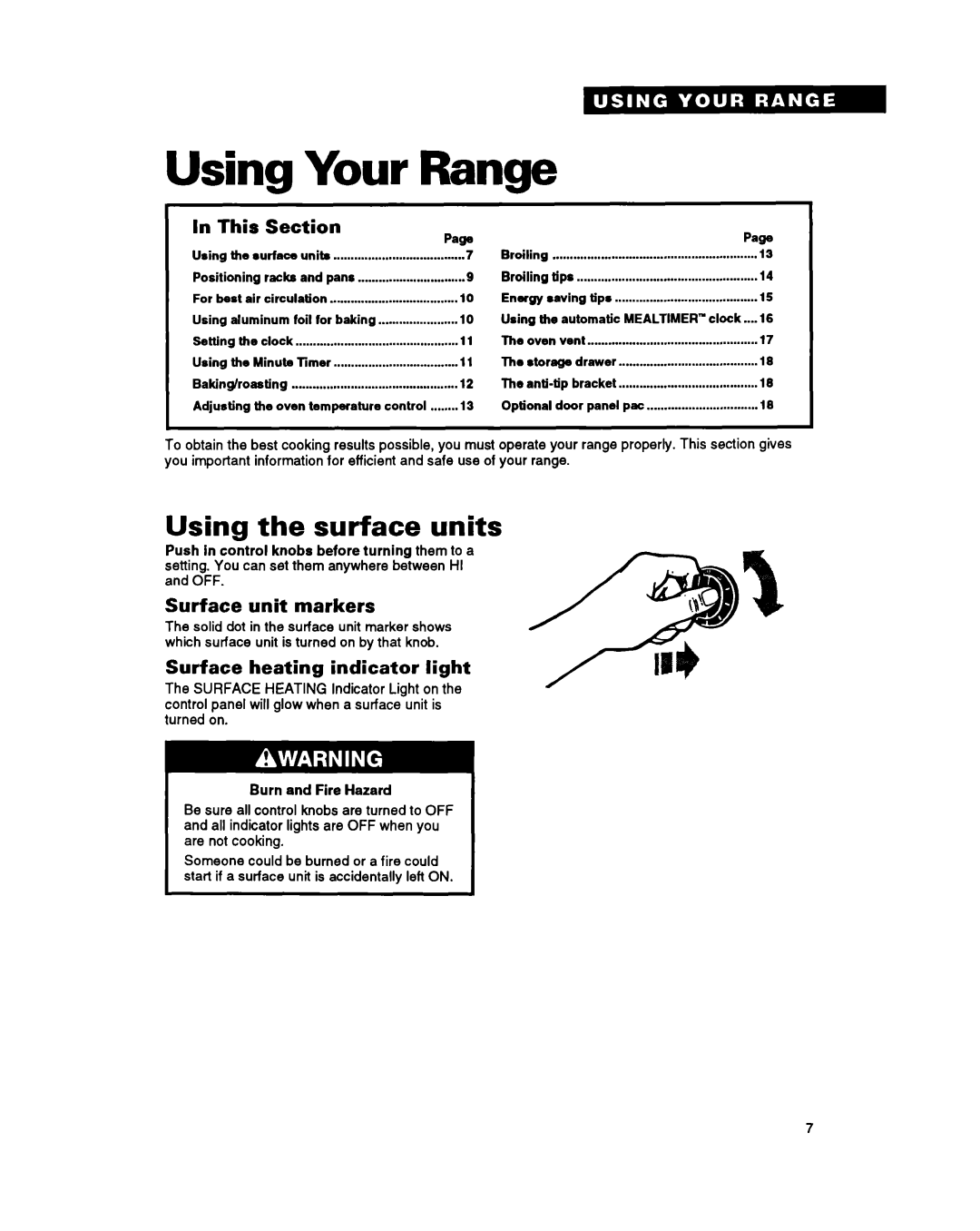 Whirlpool RF360BXY warranty Using Your Range, Using the surface units, This, Section, Surface unit markers, Page 