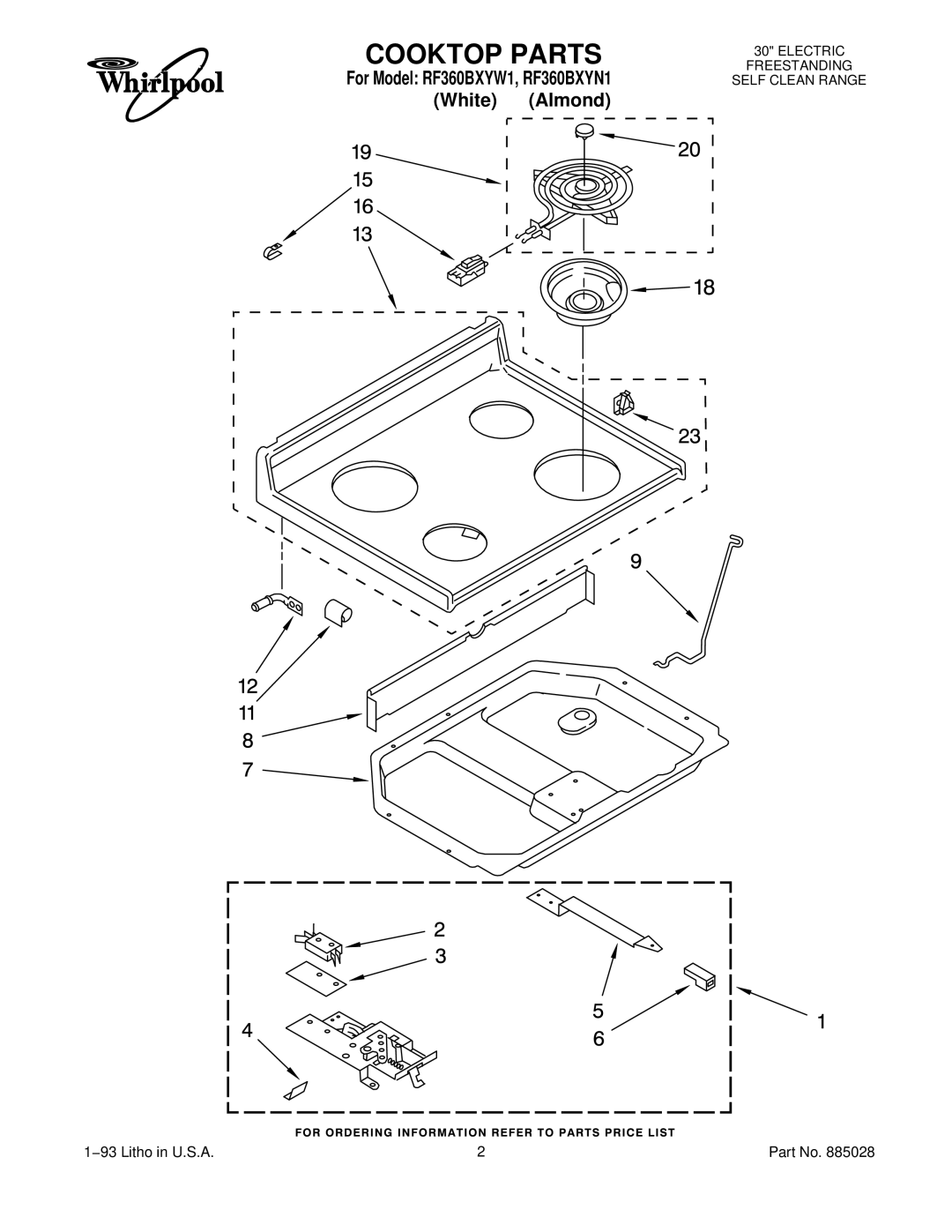 Whirlpool manual Cooktop Parts, For Model RF360BXYW1, RF360BXYN1 White Almond 