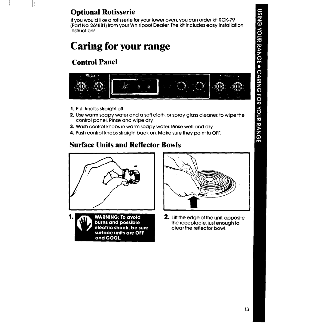 Whirlpool RF360EXP manual Optional Rotisserie, Control Panel, Surface Units and Reflector Bowls 