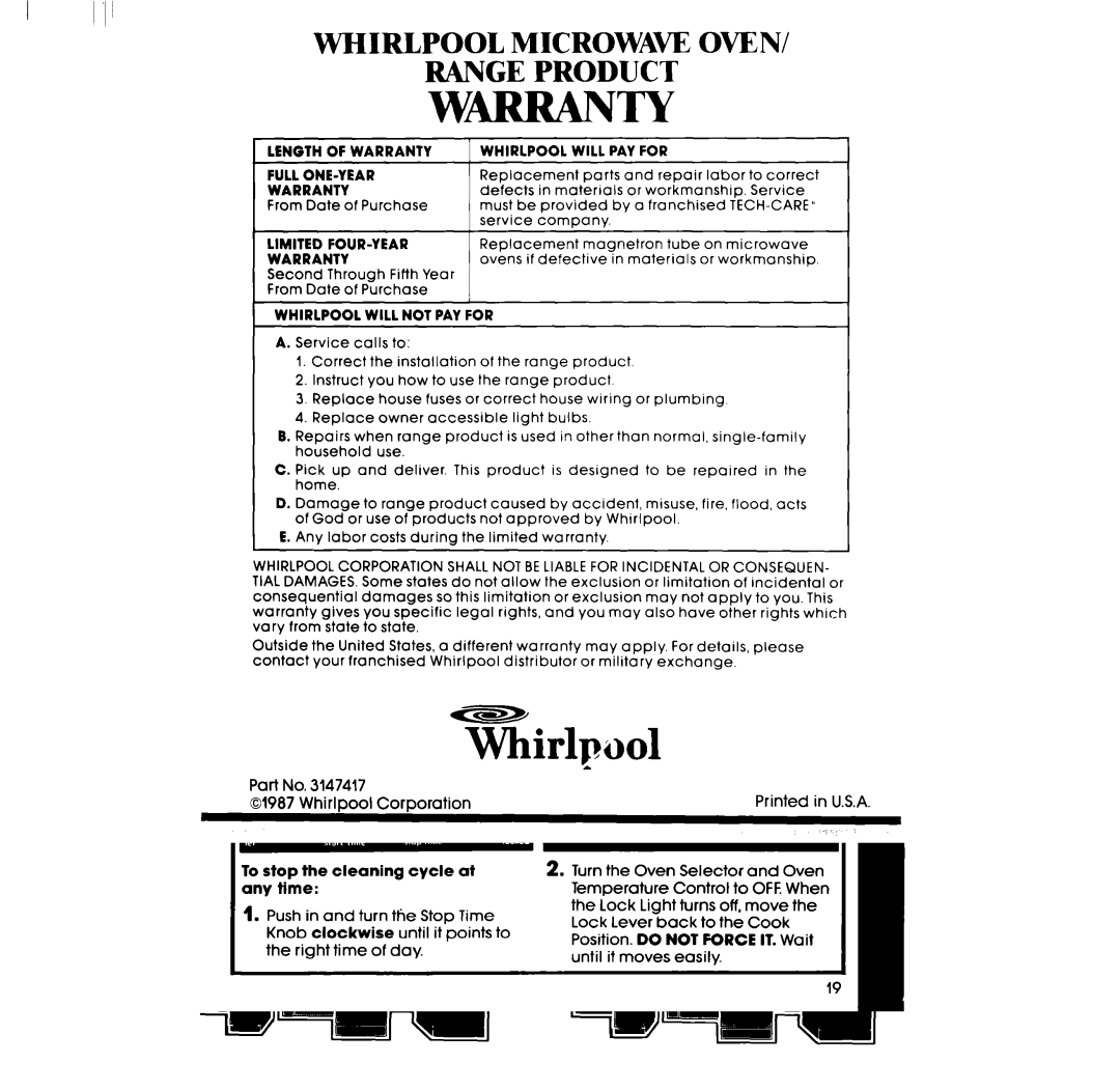 Whirlpool RF360EXP manual Wrranty, Printed 01987 Whirlpool Corporation 