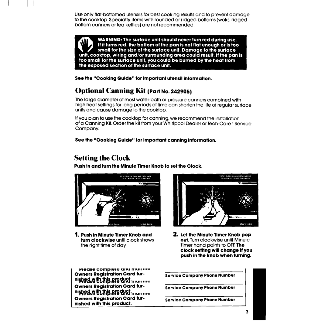 Whirlpool RF360EXP Optional Canning Kit Par? no, Setting the Clock, Turn clockwise until clock shows the right time of day 