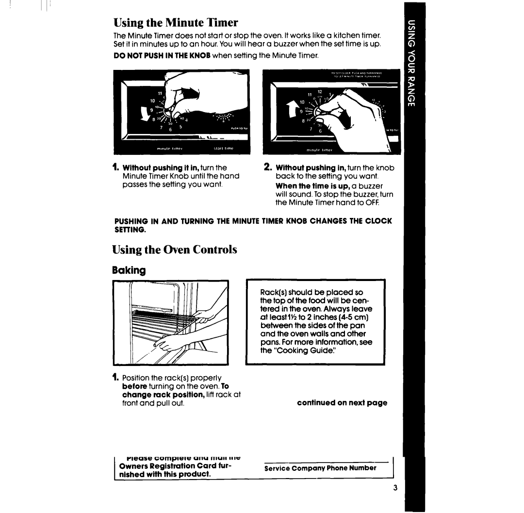 Whirlpool RF360EXP manual Using the Minute Timer, Using the Oven Controls, Baking, Lift Rack at Front and pull Out 