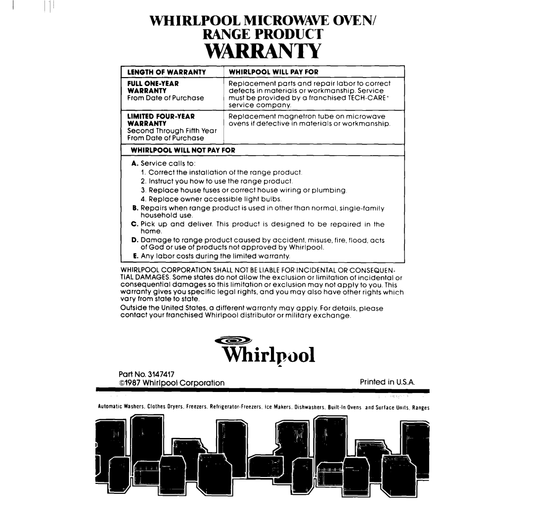 Whirlpool RF360EXP manual Whirlpool Microwave Oven Range Product, Wrranty 