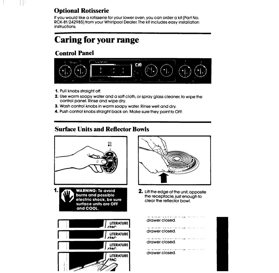 Whirlpool RF3620XP, RF363PXPT Caring for your range, Optional Rotisserie, Control Panel, Surface Units and Reflector Bowls 