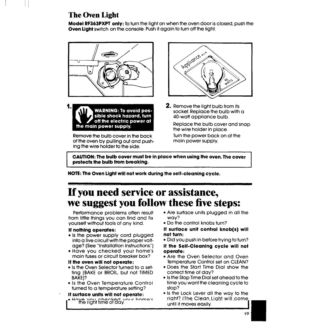 Whirlpool RF3620XP, RF363PXPT manual Oven Light 