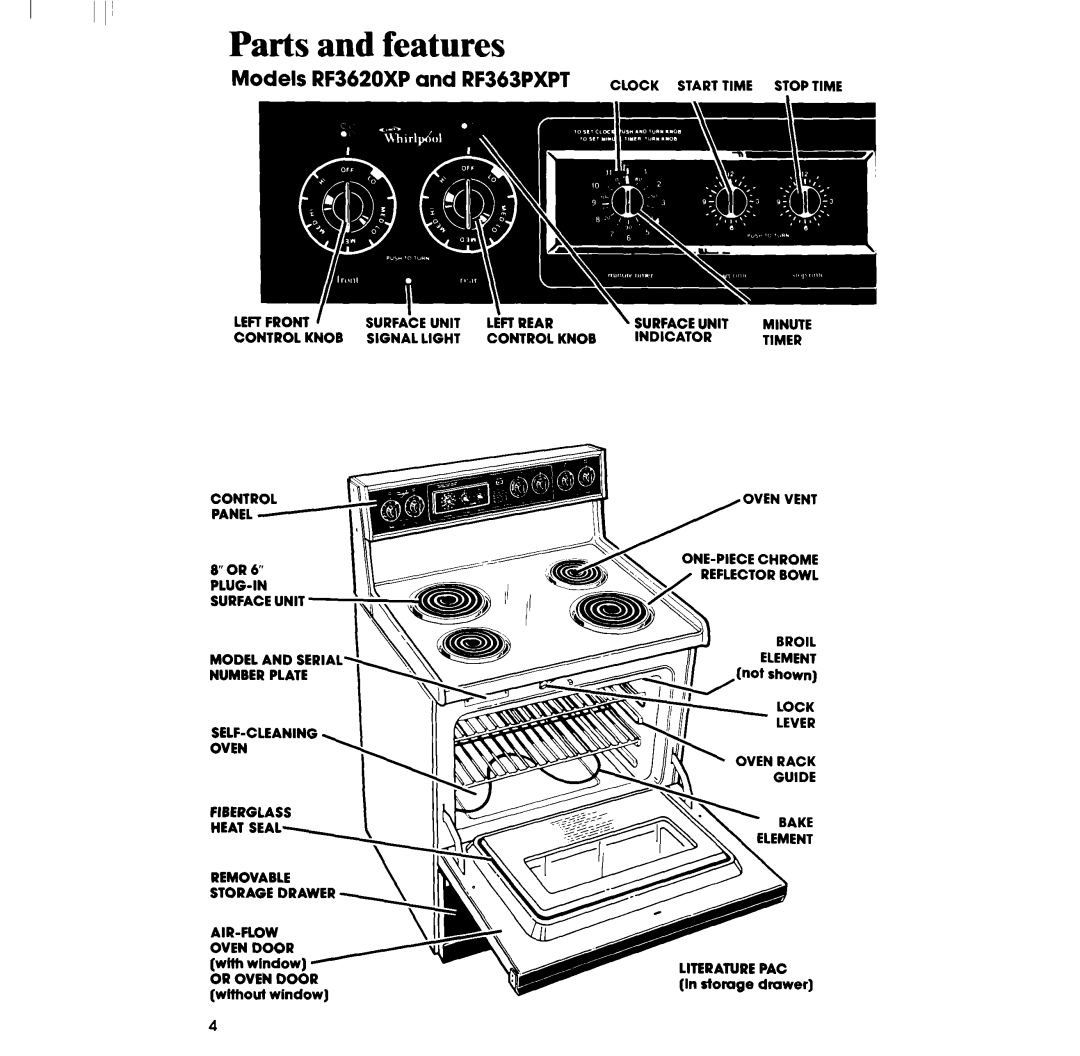 Whirlpool manual Parts and features, Models RF3620XP and RF363PXPT Clock Start Time Stop Time 