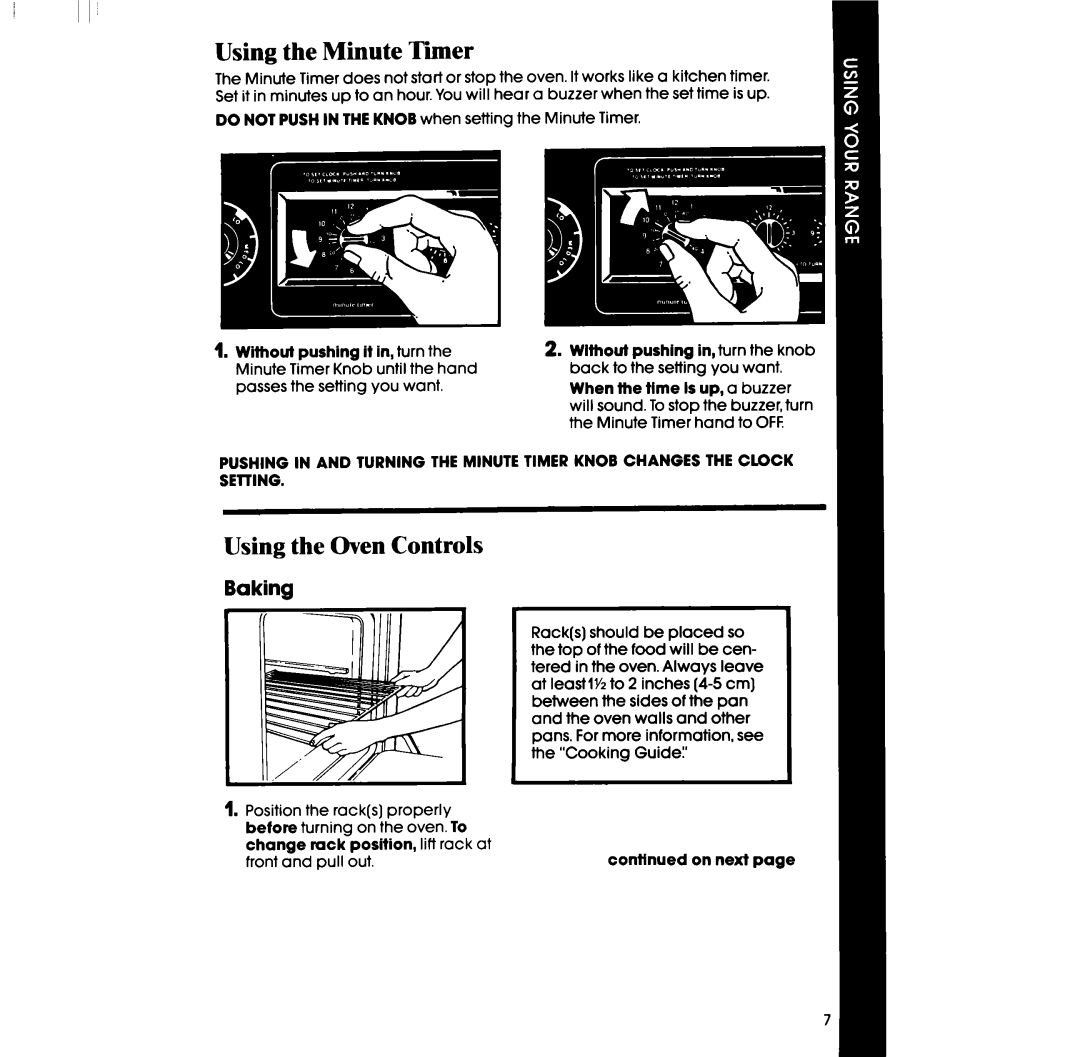 Whirlpool RF363PXPT, RF3620XP manual Using the Minute Timer, Using the Oven Controls, Baking, On next 