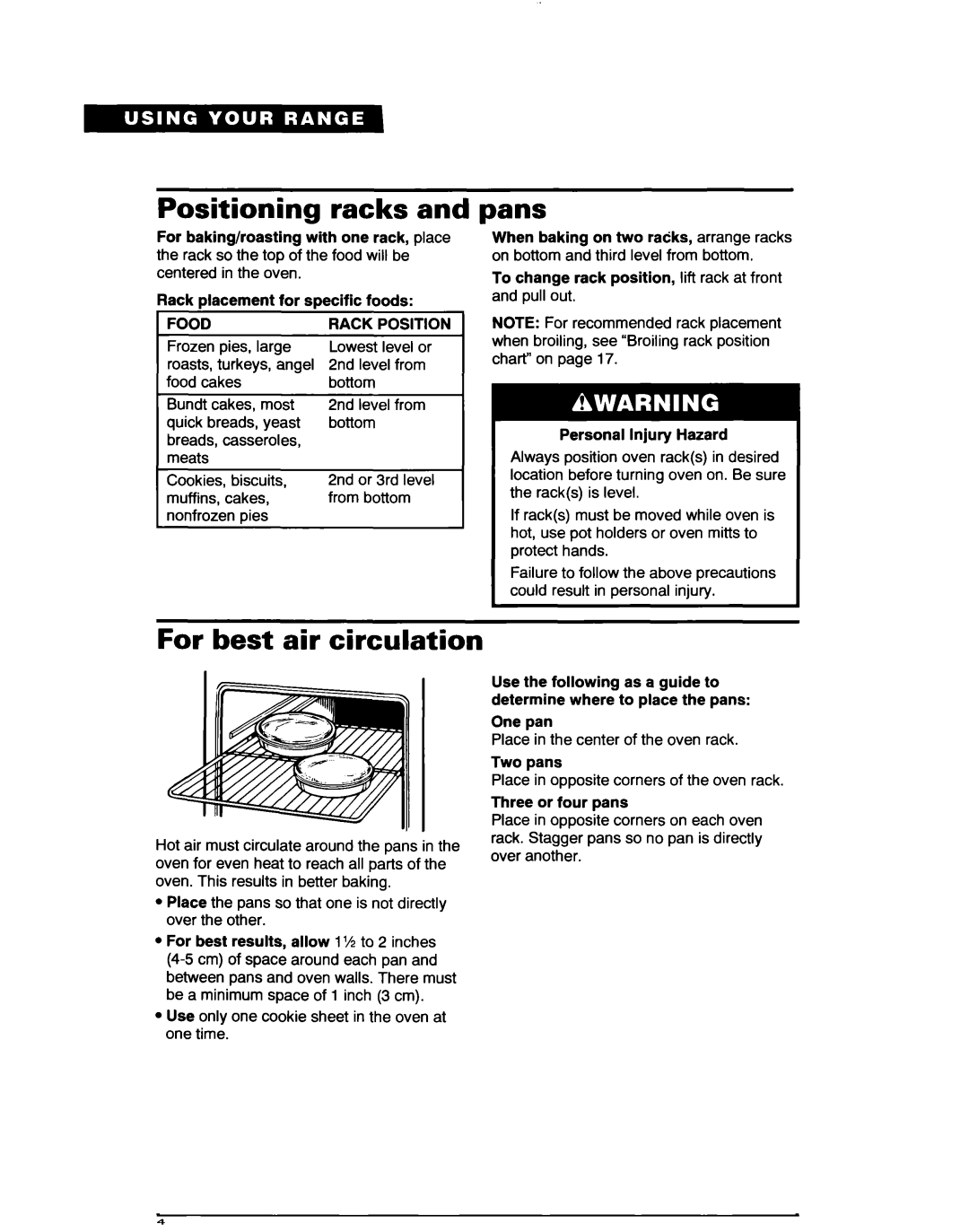 Whirlpool RF363PXD, RF361 BXD warranty Positioning racks, Pans, For best air circulation, Rack 